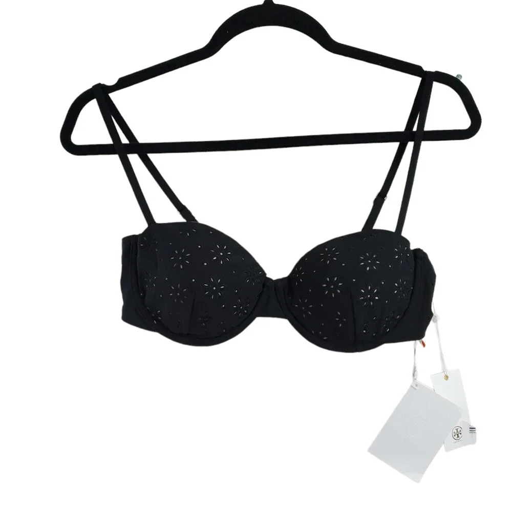 NWT Tory Burch L Broderie Anglaise Underwire Bikini Top Black Gold Eyelet Swim